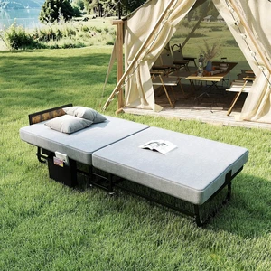 Metal Folding Bed with Memory Foam Mattress and Charging Station, Grey Metal Folding Bed with Memory Foam Mattress and Charging Station, Grey