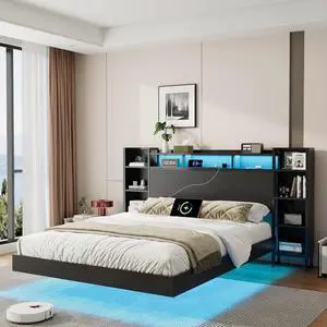 Floating Platform Bed Frame Queen Size with Bookshelf Headboard, Metal Bed Frame with Led Lights and Charging Port, No Box Spring Needed, Black Floating Platform Bed Frame Queen Size with Bookshelf Headboard, Metal Bed Frame with Led Lights and Charging Port, No Box Spring Needed, Black