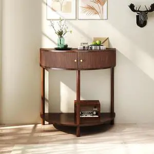 Rattan Console Table with Cabinet and Bottom Shelf, Brown Rattan Console Table with Cabinet and Bottom Shelf, Brown