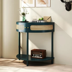 Rattan Console Table with Cabinet and Bottom Shelf, Antique Green Rattan Console Table with Cabinet and Bottom Shelf, Antique Green