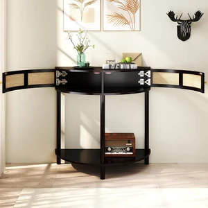Rattan Console Table with Cabinet and Bottom Shelf, Black Rattan Console Table with Cabinet and Bottom Shelf, Black