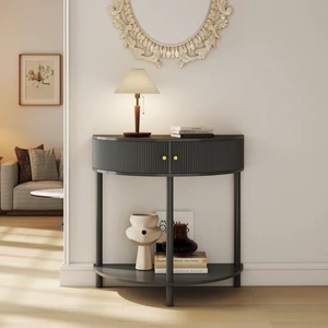 Rattan Console Table with Cabinet and Bottom Shelf, Dark Gray Rattan Console Table with Cabinet and Bottom Shelf, Dark Gray