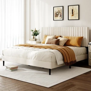 Velvet Upholstered Platform Bed King with Adjustable Headboard, Tufted Bed Frame with Eva Silent Strips, No-Spring Mattress Compatible, Easy Assembly, Beige Velvet Upholstered Platform Bed King with Adjustable Headboard, Tufted Bed Frame with Eva Silent Strips, No-Spring Mattress Compatible, Easy Assembly, Beige