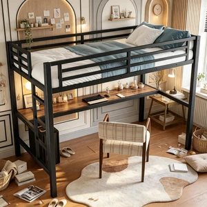 Metal Loft Bed with Desk and Charging Station for Small Bedroom, High Loft Bed Frame with LED Lighted and Safety Guardrail for Teens, Adults, No Box Spring Needed, Twin Size, Black Metal Loft Bed with Desk and Charging Station for Small Bedroom, High Loft Bed Frame with LED Lighted and Safety Guardrail for Teens, Adults, No Box Spring Needed, Twin Size, Black