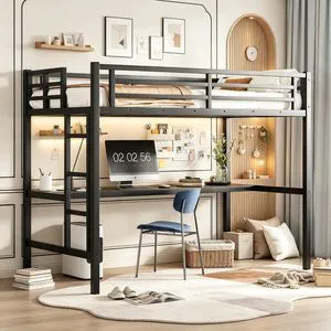 Metal Loft Bed with Desk and Charging Station for Small Bedroom, High Loft Bed Frame with LED Lighted and Safety Guardrail for Teens, Adults, No Box Spring Needed, Twin XL Size, Black Metal Loft Bed with Desk and Charging Station for Small Bedroom, High Loft Bed Frame with LED Lighted and Safety Guardrail for Teens, Adults, No Box Spring Needed, Twin XL Size, Black