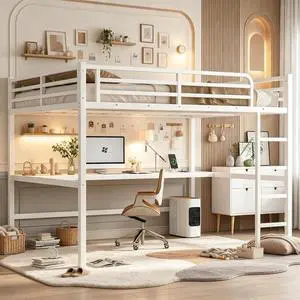 Metal Loft Bed with Desk and Charging Station for Small Bedroom, High Loft Bed Frame with LED Lighted and Safety Guardrail for Teens, Adults, No Box Spring Needed, Queen Size, Off White Metal Loft Bed with Desk and Charging Station for Small Bedroom, High Loft Bed Frame with LED Lighted and Safety Guardrail for Teens, Adults, No Box Spring Needed, Queen Size, Off White