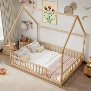 Full Size House Bed Frame with High Fence, Natural Full Size House Bed Frame with High Fence, Natural