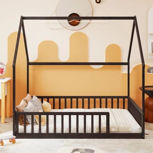Full Size House Bed Frame with High Fence, Espresso Full Size House Bed Frame with High Fence, Espresso