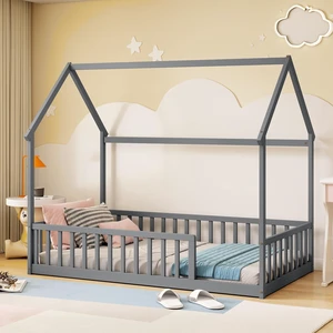Twin Size House Bed Frame with High Fence, Grey Twin Size House Bed Frame with High Fence, Grey