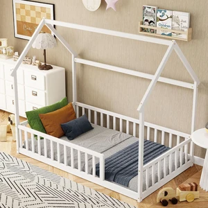Twin Size House Bed Frame with High Fence, White Twin Size House Bed Frame with High Fence, White