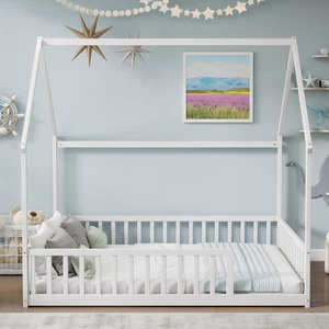 Full Size House Bed Frame with High Fence, White Full Size House Bed Frame with High Fence, White