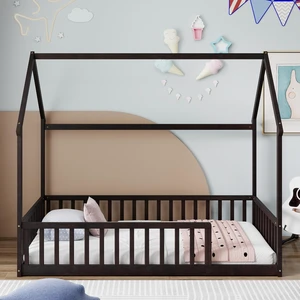 Twin Size House Bed Frame with High Fence, Espresso Twin Size House Bed Frame with High Fence, Espresso