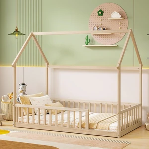 Twin Size House Bed Frame with High Fence, Natural Twin Size House Bed Frame with High Fence, Natural