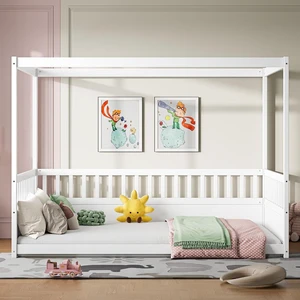 Full Canopy Floor Bed Frame with Guardrails for Kids, White Full Canopy Floor Bed Frame with Guardrails for Kids, White