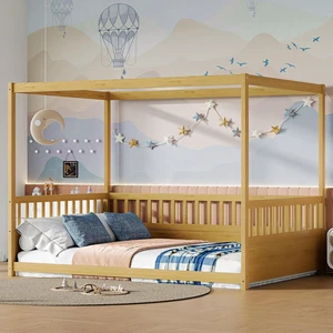 Full Canopy Floor Bed Frame with Guardrails for Kids, Natural Wood Full Canopy Floor Bed Frame with Guardrails for Kids, Natural Wood