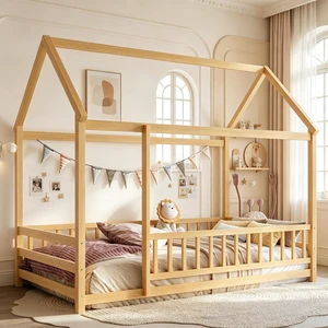 Montessori House Bed with High Guardrai and Openable Entrance On Railing, Kids Wood Floor Bed for Independent Sleep Training, Twin Size, Natural Montessori House Bed with High Guardrai and Openable Entrance On Railing, Kids Wood Floor Bed for Independent Sleep Training, Twin Size, Natural