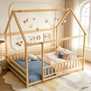 Montessori House Bed with High Guardrai and Openable Entrance On Railing, Kids Wood Floor Bed for Independent Sleep Training, Full Size, Natural Montessori House Bed with High Guardrai and Openable Entrance On Railing, Kids Wood Floor Bed for Independent Sleep Training, Full Size, Natural