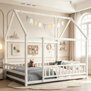 Montessori House Bed with High Guardrai and Openable Entrance On Railing, Kids Wood Floor Bed for Independent Sleep Training, Full Size, White Montessori House Bed with High Guardrai and Openable Entrance On Railing, Kids Wood Floor Bed for Independent Sleep Training, Full Size, White