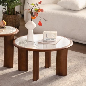 Round Sintered Stone Coffee Table for Apartment, White+Walnut Round Sintered Stone Coffee Table for Apartment, White+Walnut