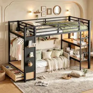 Metal Loft Bed with 2 Storage Drawers and Pegboard for Kids Teens, High Loft Bed with Open Shelves and Hanging Rod for Dormitory Apartment, Twin XL Size, Black Metal Loft Bed with 2 Storage Drawers and Pegboard for Kids Teens, High Loft Bed with Open Shelves and Hanging Rod for Dormitory Apartment, Twin XL Size, Black