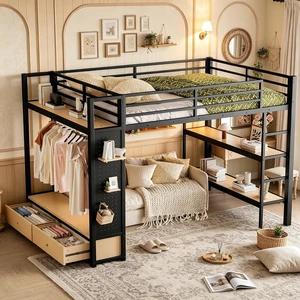 Metal Loft Bed with 2 Storage Drawers and Pegboard for Kids Teens, High Loft Bed with Open Shelves and Hanging Rod for Dormitory Apartment, Queen Size, Black Metal Loft Bed with 2 Storage Drawers and Pegboard for Kids Teens, High Loft Bed with Open Shelves and Hanging Rod for Dormitory Apartment, Queen Size, Black