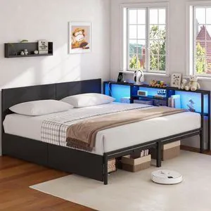Twin Beds for 2 Kids with Storage Bookcase Divider, Black Twin Beds for 2 Kids with Storage Bookcase Divider, Black