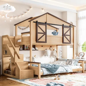 Twin Over Full House Bunk Bed with Sliding Window, Natural Twin Over Full House Bunk Bed with Sliding Window, Natural