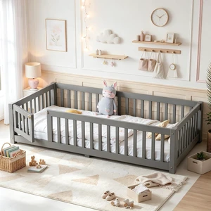 Solid Pine Floor Bed with Guardrails and Door for Girls Boys, Montessori Kids Bed with Fence Gate for Sleeping Transition, Twin Size, Gray Solid Pine Floor Bed with Guardrails and Door for Girls Boys, Montessori Kids Bed with Fence Gate for Sleeping Transition, Twin Size, Gray
