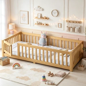 Montessori Floor Bed with Safety Guardrails and Door for Girls Boys, Kids Wood Floor Bed with Fence Gate for Sleeping Transition, Twin Size, Natural Montessori Floor Bed with Safety Guardrails and Door for Girls Boys, Kids Wood Floor Bed with Fence Gate for Sleeping Transition, Twin Size, Natural