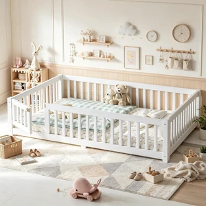 Solid Pine Floor Bed with Guardrails and Door for Girls Boys, Montessori Kids Bed with Fence Gate for Sleeping Transition, Full Size, White Solid Pine Floor Bed with Guardrails and Door for Girls Boys, Montessori Kids Bed with Fence Gate for Sleeping Transition, Full Size, White