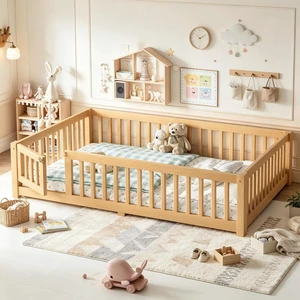 Solid Pine Floor Bed with Guardrails and Door for Girls Boys, Montessori Kids Bed with Fence Gate for Sleeping Transition, Full Size, Natural Solid Pine Floor Bed with Guardrails and Door for Girls Boys, Montessori Kids Bed with Fence Gate for Sleeping Transition, Full Size, Natural