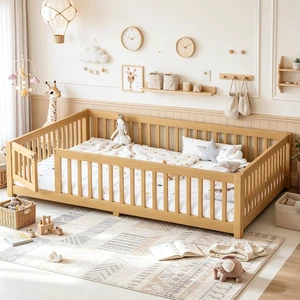 Solid Pine Floor Bed with Guardrails and Door for Girls Boys, Montessori Kids Bed with Fence Gate for Sleeping Transition, Queen Size, Natural Solid Pine Floor Bed with Guardrails and Door for Girls Boys, Montessori Kids Bed with Fence Gate for Sleeping Transition, Queen Size, Natural