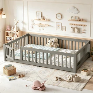 Montessori Floor Bed with Safety Guardrails and Door for Girls Boys, Kids Wood Floor Bed with Fence Gate for Sleeping Transition, Full Size, Gray Montessori Floor Bed with Safety Guardrails and Door for Girls Boys, Kids Wood Floor Bed with Fence Gate for Sleeping Transition, Full Size, Gray