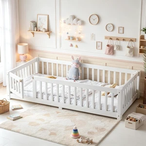 Montessori Floor Bed with Safety Guardrails and Door for Girls Boys, Kids Wood Floor Bed with Fence Gate for Sleeping Transition, Twin Size, White Montessori Floor Bed with Safety Guardrails and Door for Girls Boys, Kids Wood Floor Bed with Fence Gate for Sleeping Transition, Twin Size, White