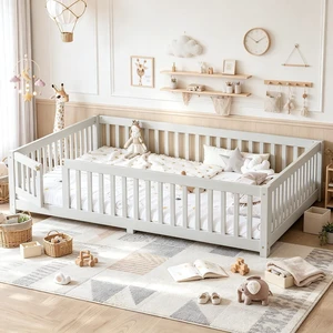 Montessori Floor Bed with Safety Guardrails and Door for Girls Boys, Kids Wood Floor Bed with Fence Gate for Sleeping Transition, Queen Size, White Montessori Floor Bed with Safety Guardrails and Door for Girls Boys, Kids Wood Floor Bed with Fence Gate for Sleeping Transition, Queen Size, White