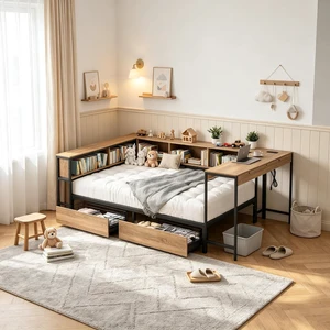 LShaped Corner Daybed with Desk and 2 Charging Station, Metal Daybed with 2 Storage Drawers and Bookcase Headboard, Twin Size, Black LShaped Corner Daybed with Desk and 2 Charging Station, Metal Daybed with 2 Storage Drawers and Bookcase Headboard, Twin Size, Black
