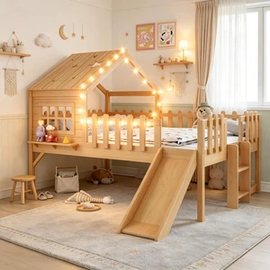 House Low Loft Bed with Slide and Ladder for Girls Boys, Solid Wood Kids Loft Bed with LED Light and Guardrails for Sleeping and Playing, Full Size, Natural House Low Loft Bed with Slide and Ladder for Girls Boys, Solid Wood Kids Loft Bed with LED Light and Guardrails for Sleeping and Playing, Full Size, Natural