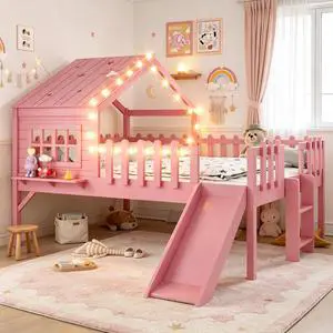 House Low Loft Bed with Slide and Ladder for Girls Boys, Solid Wood Kids Loft Bed with LED Light and Guardrails for Sleeping and Playing, Full Size, Pink House Low Loft Bed with Slide and Ladder for Girls Boys, Solid Wood Kids Loft Bed with LED Light and Guardrails for Sleeping and Playing, Full Size, Pink