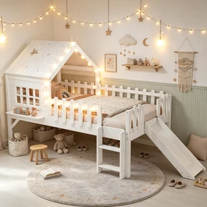 House Low Loft Bed with Slide and Ladder for Girls Boys, Solid Wood Kids Loft Bed with LED Light and Guardrails for Sleeping and Playing, Twin Size, White House Low Loft Bed with Slide and Ladder for Girls Boys, Solid Wood Kids Loft Bed with LED Light and Guardrails for Sleeping and Playing, Twin Size, White