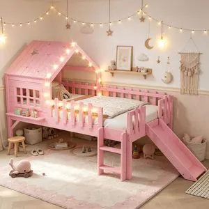 House Low Loft Bed with Slide and Ladder for Girls Boys, Solid Wood Kids Loft Bed with LED Light and Guardrails for Sleeping and Playing, Twin Size, Pink House Low Loft Bed with Slide and Ladder for Girls Boys, Solid Wood Kids Loft Bed with LED Light and Guardrails for Sleeping and Playing, Twin Size, Pink