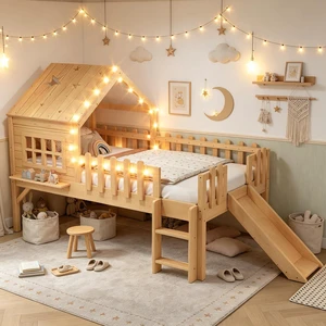 House Low Loft Bed with Slide and Ladder for Girls Boys, Solid Wood Kids Loft Bed with LED Light and Guardrails for Sleeping and Playing, Twin Size, Natural House Low Loft Bed with Slide and Ladder for Girls Boys, Solid Wood Kids Loft Bed with LED Light and Guardrails for Sleeping and Playing, Twin Size, Natural