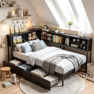 Corner Daybed with 2 Storage Drawers and USB Charging Station for Apartment, Metal Daybed with LShaped Bookcase Headboard and Led Lights, Full Size, Black Corner Daybed with 2 Storage Drawers and USB Charging Station for Apartment, Metal Daybed with LShaped Bookcase Headboard and Led Lights, Full Size, Black