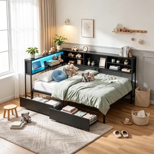 Corner Daybed with 2 Storage Drawers and USB Charging Station for Apartment, Metal Daybed with LShaped Bookcase Headboard and Led Lights, Twin Size, Black Corner Daybed with 2 Storage Drawers and USB Charging Station for Apartment, Metal Daybed with LShaped Bookcase Headboard and Led Lights, Twin Size, Black