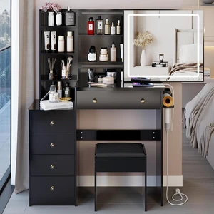 Vanity Desk with Lighted Mirror, Stool and Large Storage Space, Black Vanity Desk with Lighted Mirror, Stool and Large Storage Space, Black