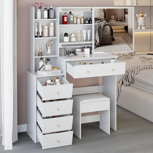 Makeup Vanity Desk with Sliding Mirror and Drawers, White Makeup Vanity Desk with Sliding Mirror and Drawers, White