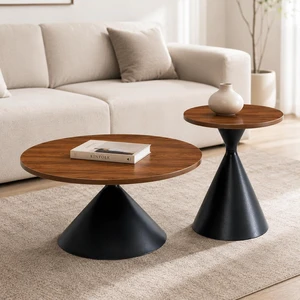 Modern Nesting Coffee Table Set of 2, Round Center Table and Side Table, Black,Walnut Modern Nesting Coffee Table Set of 2, Round Center Table and Side Table, Black,Walnut