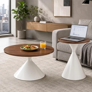 Modern Nesting Coffee Table Set of 2, Round Center Table and Side Table,Walnut,White Modern Nesting Coffee Table Set of 2, Round Center Table and Side Table,Walnut,White