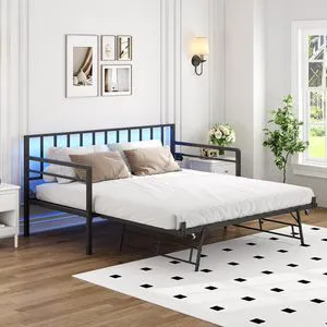 Twin Metal Daybed with Trundle and USB Charging Station & RGB LED Lights, Convertible Sofa Bed for Guest Room & Office Nap, Black Twin Metal Daybed with Trundle and USB Charging Station & RGB LED Lights, Convertible Sofa Bed for Guest Room & Office Nap, Black