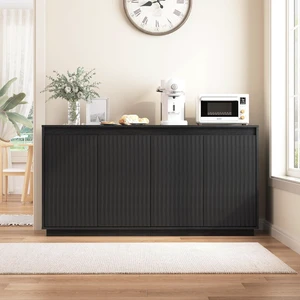 Fluted Sideboard Buffet Cabinet with Power Outlet, Modern Credenza with 4 Doors & Shelves, Wood Coffee Bar Table Console with Anti-Toppling for Kitchen Living Room,Black Fluted Sideboard Buffet Cabinet with Power Outlet, Modern Credenza with 4 Doors & Shelves, Wood Coffee Bar Table Console with Anti-Toppling for Kitchen Living Room,Black