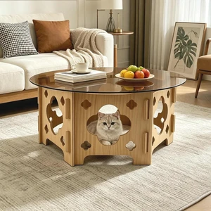 Modern Circle Coffee Table with Glass Top, Wooden Center Table with Hollow Flower Shape Design for Living Room, Office, Natural Wood+Caramel Modern Circle Coffee Table with Glass Top, Wooden Center Table with Hollow Flower Shape Design for Living Room, Office, Natural Wood+Caramel
